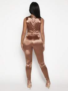 SHEIN SXY 嵌入網紗彈力緊身連體褲 - 杏色 - 查看 2