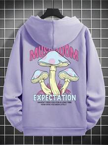 Manfinity Homme Loose-Fit Men Mushroom & Slogan Graphic Drop Shoulder Hoodie With Drawstring,Long Sleeve,Boyfriend Gift, Fall - Mauve Purple - View 2