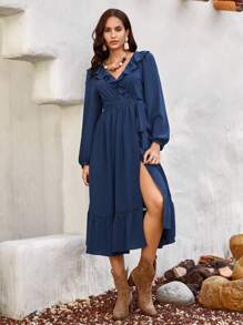 Bohemela Ruffle Trim Ruffle Hem Dress - Blue - View 6