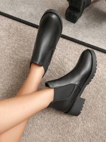 Botas cortas negras talla grande para mujer, con tacón grueso, suela robusta, estilo slip-on casual, en mezcla de tela y, tacón alto, para otoño/invierno hasta mitad de la pantorrilla - Negro - Ver 6