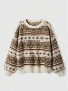 ROMWE Fairycore Geo Pattern Drop Shoulder Sweater - Multicolor - View 1