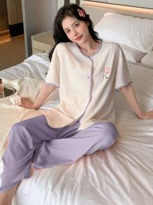 DAZY Floral Embroidery Contrast Binding PJ Set - Purple - View 3