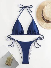 SHEIN Halter Triangle Tie Side Bikini Set - Blue - View 3