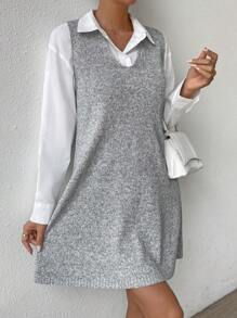 SHEIN LUNE 素色V領毛衣洋裝 - 灰色 - 查看 3