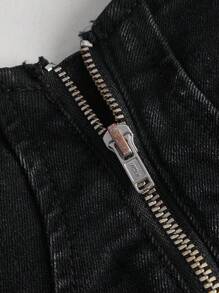 SHEIN MOD Ruffle Trim Zip Up Crop Denim Top - Black - View 3