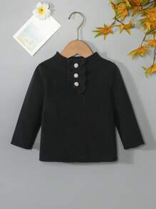 Young Girl Frill Trim Tee - Black - View 1