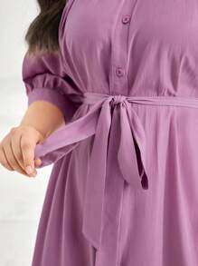 Seusyu Plus Ruched Belted Shirt Dress - Lilac Purple - View 7