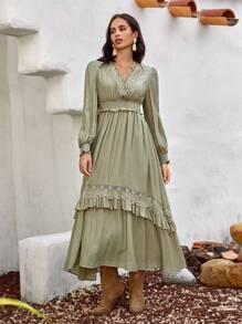 Bohemela Guipure Lace Insert Ruffle Trim Lantern Sleeve Dress - Army Green - View 3