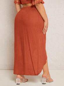 SHEIN SXY 大碼素色側打結圍裹下擺半身裙 - 棕色 - 查看 2