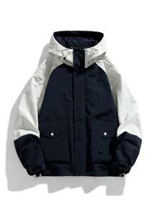 Men Long Sleeve Two Tone Flap Pocket Hooded Jacket, For Fall - Blue - View 1