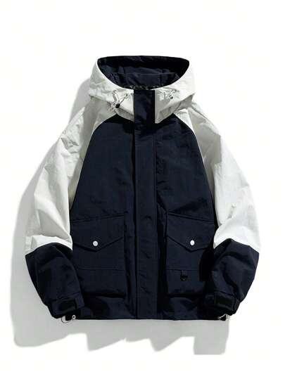 Men Long Sleeve Two Tone Flap Pocket Hooded Jacket, For Fall