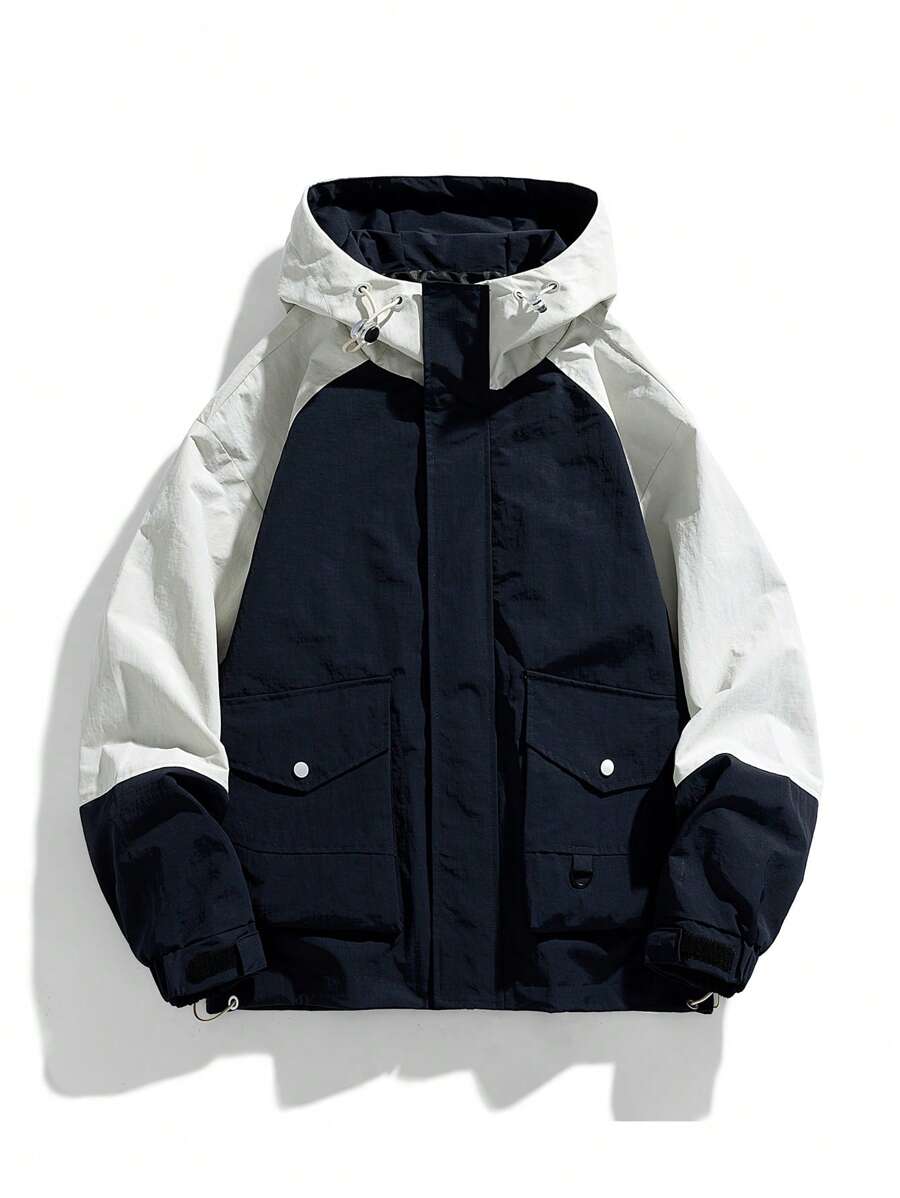 Men Long Sleeve Two Tone Flap Pocket Hooded Jacket, For Fall - Blue - View 1