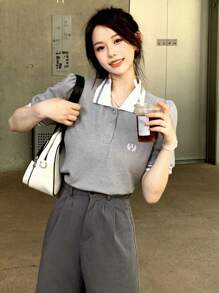 DAZY 拼接領字母刺繡POLO領T恤 - 灰色 - 查看 7