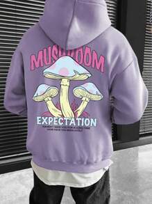 Manfinity Homme Loose-Fit Men Mushroom & Slogan Graphic Drop Shoulder Hoodie With Drawstring,Long Sleeve,Boyfriend Gift, Fall - Mauve Purple - View 1
