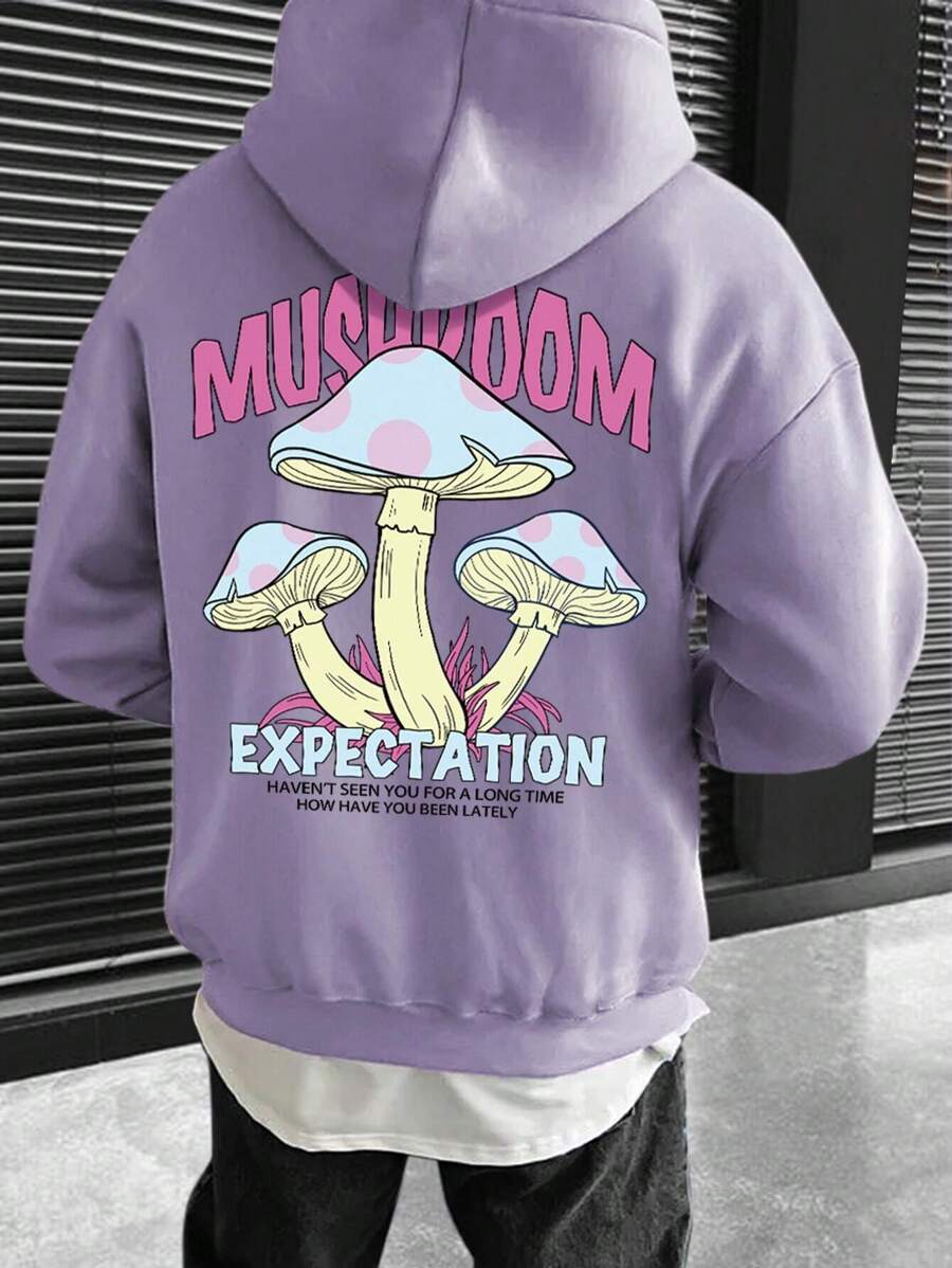 Manfinity Homme Loose-Fit Men Mushroom & Slogan Graphic Drop Shoulder Hoodie With Drawstring,Long Sleeve,Boyfriend Gift, Fall - Mauve Purple - View 1