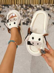 Women's Fashionable Home Slippers With Cartoon Cow Design, Interesting Slippers - Beige - View 5