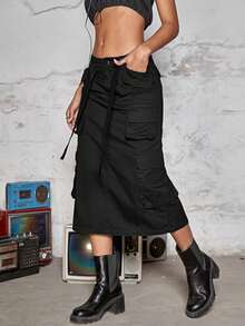 Y2K Flap Pocket Split Back Belted Cargo Skirt - Black - View 5