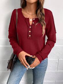 SHEIN LUNE Nút Nửa Dệt kim Waffle Áo thun Thả vai - Màu Đỏ Sâu - Xem 5