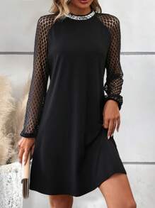 SHEIN Clasi Contrast Lace Raglan Sleeve Dress Fall Cloth For Women - Black - View 1