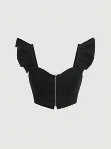 SHEIN MOD Ruffle Trim Zip Up Crop Denim Top - Black - View 1