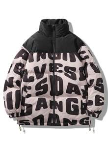 男式字母图案抽绳下摆夹棉大衣 - 淺粉色 - 查看 1