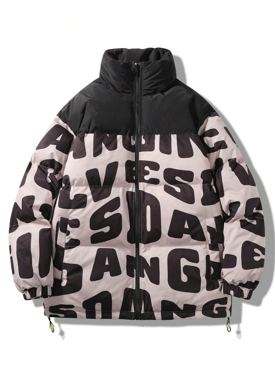 男式字母图案抽绳下摆夹棉大衣 - 淺粉色 - 查看 1