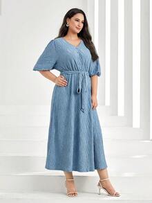 Mulvari Hơn Ống tay áo Váy có thắt lưng - Màu xanh bụi bặm - Xem 4