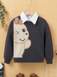 SHEIN Young Boy Cartoon Pattern Sweater Without Shirt,In Fall/Winter - Dark Grey - View 1