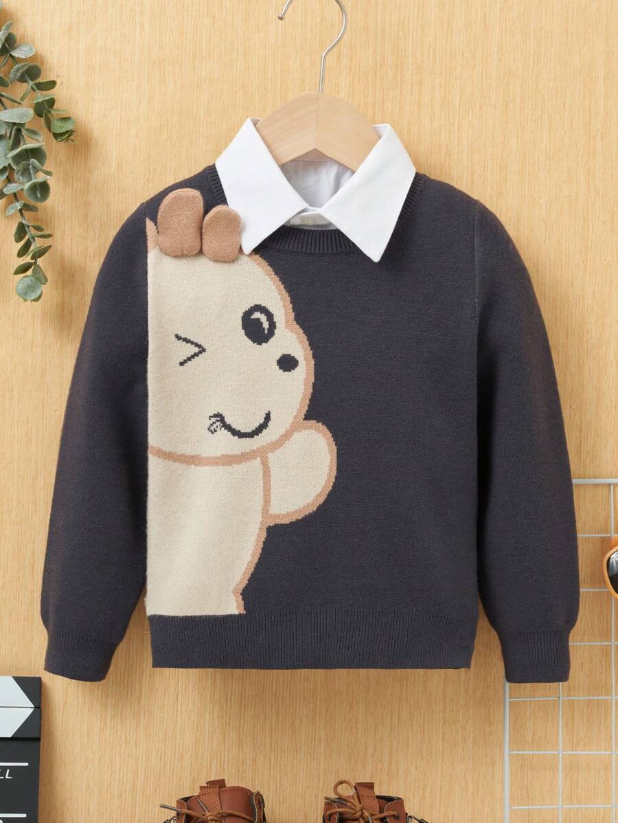 SHEIN Young Boy Cartoon Pattern Sweater Without Shirt,In Fall/Winter - Dark Grey - View 1