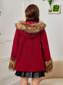 SHEIN Tween Girl Fuzzy Trim Raglan Sleeve Overcoat for Christmas - Burgundy - View 2