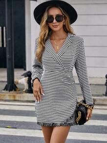 SHEIN Clasi 千鳥格印花毛邊緣洋裝 - 黑與白 - 查看 6