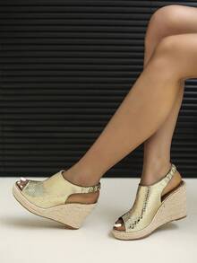 Women's Gold Wedge Heeled Platform Sandals - Gold - View 6