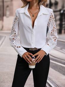 SHEIN Clasi 蕾絲拼接前紐扣襯衫 - 白色 - 查看 4