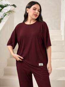 Mulvari Burgundy Red Plus Letter Patched Drop Shoulder Tee & Split Hem Pants 2 Piece Set - Burgundy - View 3