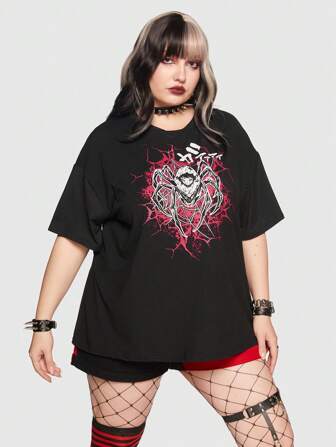 Anime Talla grande Camiseta de hombros caídos araña con estampado
