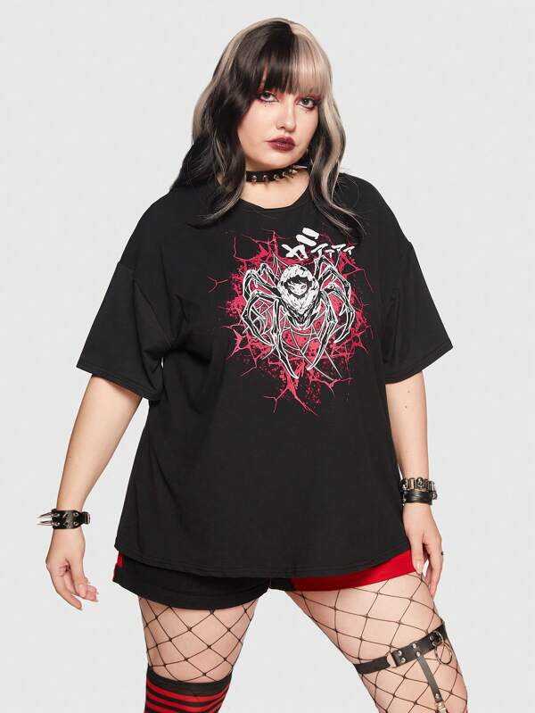 ROMWE Anime Große Größe Drop Shoulder T-Shirt mit Spinne Muster,