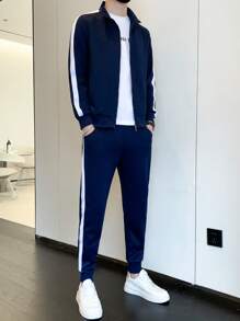 Men Contrast Side Seam Jacket & Sweatpants - Blue - View 4