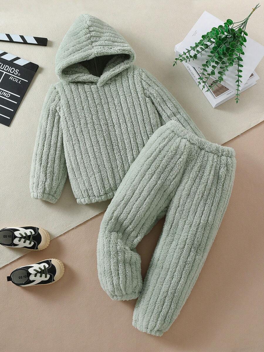 SHEIN 男小童素色毛絨帽衫和褲子 - 綠色 - 查看 1