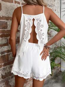 Breezaya Hollow Cut Scallop Trim Split Back Cami Top & Shorts