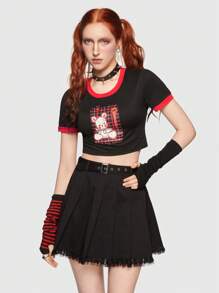 Elena Ilustra 卡通圖案撞色滾邊短款T恤 - 黑色 - 查看 5