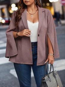 SHEIN Unity Plus Herringbone Print Cloak Sleeve Single Button Cape Coat - Red - View 3