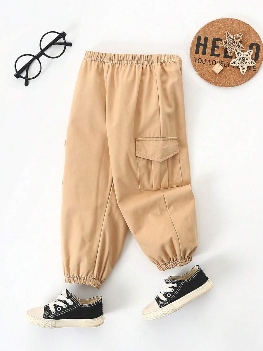 男嬰側翻蓋口袋長褲 - 卡其色 - 查看 1
