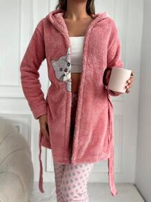 RueChic Cat Embroidery Hooded Belted Teddy Coat - Pink - View 4