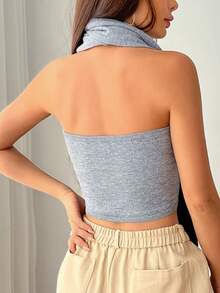 SHEIN EZwear 素色短款抹胸針織上衣帶圍巾 - 灰色 - 查看 2