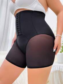 Plus Hook And Eye Front Contrast Mesh Shapewear Shorts - Black - View 1