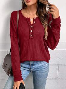 SHEIN LUNE Nút Nửa Dệt kim Waffle Áo thun Thả vai - Màu Đỏ Sâu - Xem 1