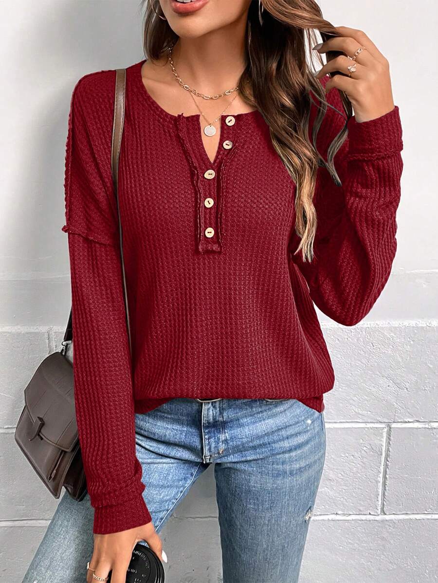 SHEIN LUNE Nút Nửa Dệt kim Waffle Áo thun Thả vai - Màu Đỏ Sâu - Xem 1