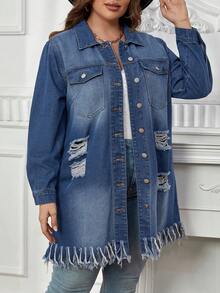 SHEIN Essnce Plus Ripped Fringe Hem Denim Jacket - Medium Wash - View 3