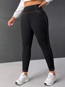 Truni Plus Top-Stitching Wideband Waist Leggings - Black - View 4
