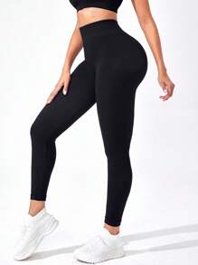 Chất rắn Thắt lưng băng rộng Quần Xà cạp thể thao - màu đen - Xem 4